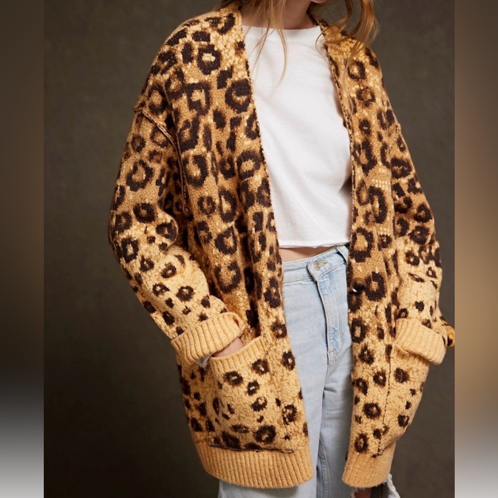Free People State Side Cardi in Yellow Leopard Combo NWOT